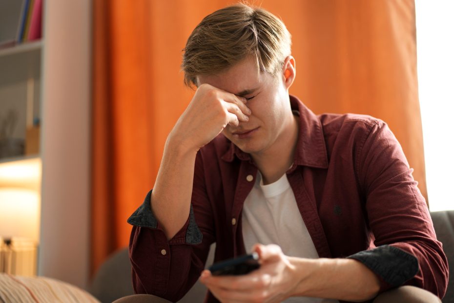 Man experiencing distress while on his phone.